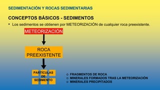SEDIMENTACIÓN Y ROCAS SEDIMENTARIAS
CONCEPTOS BÁSICOS - SEDIMENTOS
• Los sedimentos se obtienen por METEORIZACIÓN de cualquier roca preexistente.
ROCA
PREEXISTENTE
METEORIZACIÓN
PARTÍCULAS
DE
SEDIMENTO
FRAGMENTOS DE ROCA
MINERALES FORMADOS TRAS LA METEORIZACIÓN
MINERALES PRECIPITADOS
 