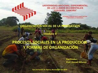 ORGANIZACIÓN SOCIAL DE LA PRODUCCIÓN
Modulo II
PROCESOS SOCIALES EN LA PRODUCCIÓN
Y FORMAS DE ORGANIZACIÓN
Facilitador:
Prof. Hazael Alfonzo
San Fernando de Apure, Noviembre de 2016
 