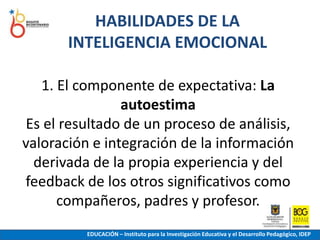 HABILIDADES DE LA INTELIGENCIA EMOCIONAL1. El componente de expectativa: La autoestimaEs el resultado de un proceso de análisis, valoración e integración de la información derivada de la propia experiencia y del feedback de los otros significativos como compañeros, padres y profesor.EDUCACIÓN – Instituto para la Investigación Educativa y el Desarrollo Pedagógico, IDEP