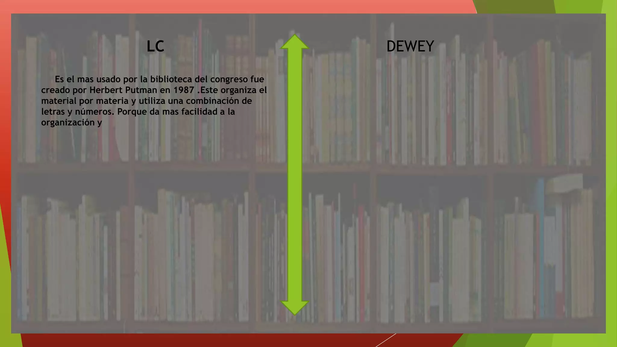 LC
Es el mas usado por la biblioteca del congreso fue
creado por Herbert Putman en 1987 .Este organiza el
material por materia y utiliza una combinación de
letras y números. Porque da mas facilidad a la
organización y
DEWEY