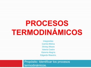 Procesos termodinámicos Propósito: Identificar los procesos termodinámicos. Integrantes: Camila Molina Shirley Moore Valeria Castro Karenis Alegría Edgardo Maestre. 