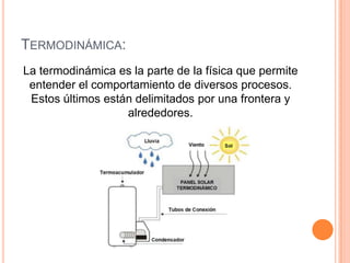 TERMODINÁMICA:
La termodinámica es la parte de la física que permite
 entender el comportamiento de diversos procesos.
 Estos últimos están delimitados por una frontera y
                   alrededores.
 