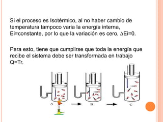 Si el proceso es Isotérmico, al no haber cambio de
temperatura tampoco varia la energía interna,
Ei=constante, por lo que la variación es cero, ∆Ei=0.

Para esto, tiene que cumplirse que toda la energía que
recibe el sistema debe ser transformada en trabajo
Q=Tr.
 