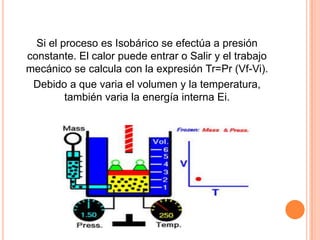 Si el proceso es Isobárico se efectúa a presión
constante. El calor puede entrar o Salir y el trabajo
mecánico se calcula con la expresión Tr=Pr (Vf-Vi).
 Debido a que varia el volumen y la temperatura,
         también varia la energía interna Ei.
 
