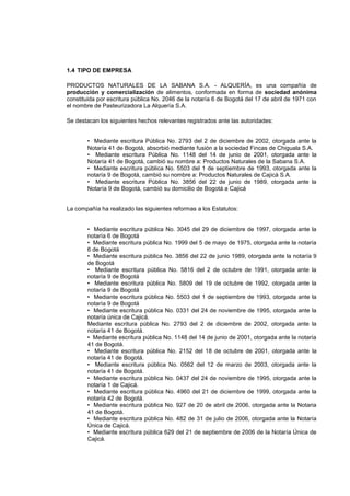 1.4 TIPO DE EMPRESA

PRODUCTOS NATURALES DE LA SABANA S.A. - ALQUERÍA, es una compañía de
producción y comercialización de...