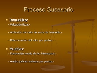 Proceso Sucesorio Inmuebles: - Valuación fiscal.- - Atribución del valor de venta del inmueble.- - Determinación del valor por peritos.- Muebles: - Declaración jurada de los interesados.- - Avalúo judicial realizado por peritos.- 