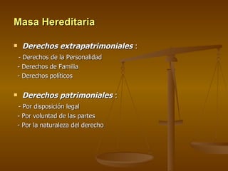 Masa Hereditaria Derechos extrapatrimoniales  : - Derechos de la Personalidad - Derechos de Familia - Derechos políticos Derechos patrimoniales  : - Por disposición legal - Por voluntad de las partes - Por la naturaleza del derecho 