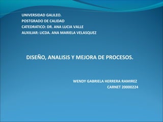 UNIVERSIDAD GALILEO.
POSTGRADO DE CALIDAD
CATEDRATICO: DR. ANA LUCIA VALLE
AUXILIAR: LICDA. ANA MARIELA VELASQUEZ
DISEÑO, ANALISIS Y MEJORA DE PROCESOS.
WENDY GABRIELA HERRERA RAMIREZ
CARNET 20000224
 