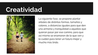 Creatividad
La siguiente fase, se propone plantar
árboles de distintas formas, tamaños y
colores, a distancias iguales para que den
una armonía y tranquilidad a aquellos que
quieran pasar por ese camino, para que
así mismo se enamoren de lo que ven y
lo cuiden para tener un futuro mejor y
mucho más lindo.
 