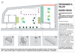 PREPARANDO EL
TALLER:
DISEÑO PREVIO
¿QUÉ MOBILIARIO NECESITAMOS?
¿ QUÉ FORMA Y MATERIALIDAD
QUEREMOS PARA EL QUILOMBO?
Principios de diseño:

4

3

2

1

Planta de la casa reformada, junto a diseño de los cuatro modelos diferentes de mobiliario asiento. Por orden de ejecución: 1_Banco corrido de patio. 2_Taburetes de barra. 3_Mecedoras (técnica aprendida de mecedorama). 4_Banquetas

1_Tecnologías situadas: Hacer
uso de los recursos tecnológicos
propios de las personas implicadas en el Proyecto, así como del
entorno cercano.
En este caso, la tecnología del
trabajo con acero, en la cual es
experto Sergio S. Javaloyes.
2_Mobiliario Trenzado: Se
propone un mobiliario de superficies trenzadas con fleje y otras
cintas o cordeles de bajo coste,
por su ligereza, colorido, juegos
geometricos, y economia.
Se contacta con @MEcedorama,
que esta empleando dicha tecnica, procedente de sudamerica.
3_Fomentar la diversidad mediante la creatividad colectiva.

 