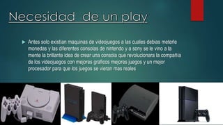  Antes solo existían maquinas de videojuegos a las cuales debias meterle
monedas y las diferentes consolas de nintendo y a sony se le vino a la
mente la brillante idea de crear una consola que revolucionara la compañía
de los videojuegos con mejores graficos mejores juegos y un mejor
procesador para que los juegos se vieran mas reales
 