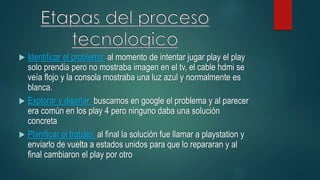  Identificar el problema: al momento de intentar jugar play el play
solo prendia pero no mostraba imagen en el tv, el cable hdmi se
veía flojo y la consola mostraba una luz azul y normalmente es
blanca.
 Explorar y diseñar: buscamos en google el problema y al parecer
era común en los play 4 pero ninguno daba una solución
concreta
 Planificar el trabajo: al final la solución fue llamar a playstation y
enviarlo de vuelta a estados unidos para que lo repararan y al
final cambiaron el play por otro
 