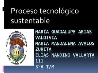 MARÍA GUADALUPE ARIAS
VALDIVIA
MARIA MAGDALENA AVALOS
ZURITA
ELIAS NANDINO VALLARTA
111
3°A T/M
Proceso tecnológico
sustentable
 