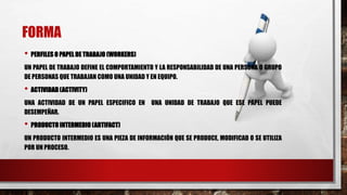 FORMA
• PERFILES O PAPEL DE TRABAJO (WORKERS)
UN PAPEL DE TRABAJO DEFINE EL COMPORTAMIENTO Y LA RESPONSABILIDAD DE UNA PERSONA O GRUPO
DE PERSONAS QUE TRABAJAN COMO UNA UNIDAD Y EN EQUIPO.
• ACTIVIDAD (ACTIVITY)
UNA ACTIVIDAD DE UN PAPEL ESPECIFICO EN UNA UNIDAD DE TRABAJO QUE ESE PAPEL PUEDE
DESEMPEÑAR.
• PRODUCTO INTERMEDIO (ARTIFACT)
UN PRODUCTO INTERMEDIO ES UNA PIEZA DE INFORMACIÓN QUE SE PRODUCE, MODIFICAD O SE UTILIZA
POR UN PROCESO.
 