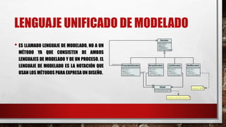LENGUAJE UNIFICADO DE MODELADO
• ES LLAMADO LENGUAJE DE MODELADO, NO A UN
MÉTODO YA QUE CONSISTEN DE AMBOS
LENGUAJES DE MODELADO Y DE UN PROCESO. EL
LENGUAJE DE MODELADO ES LA NOTACIÓN QUE
USAN LOS MÉTODOS PARA EXPRESA UN DISEÑO.
 