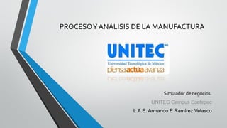 PROCESO Y ANÁLISIS DE LA MANUFACTURA

Simulador de negocios.
UNITEC Campus Ecatepec

L.A.E. Armando E Ramírez Velasco

 