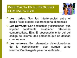 INEFICACIA EN EL PROCESO COMUNICATIVO Los ruidos:  Son las interferencias entre el medio físico o canal que transporta el mensaje Las Barreras:  Son obstáculos y dificultades  que impiden totalmente establecer relaciones comunicativas. Ejm: El desconocimiento del del código del idioma, dos personas que no desean comunicarse. Los rumores:  Son elementos distorcionadores de la comunicación que surgen como información divulgada pero no verificada . 