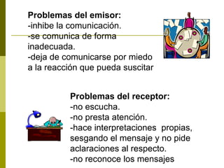 Problemas del emisor: -inhibe la comunicación. -se comunica de forma inadecuada. -deja de comunicarse por miedo a la reacción que pueda suscitar Problemas del receptor: -no escucha. -no presta atención. -hace interpretaciones  propias, sesgando el mensaje y no pide aclaraciones al respecto. -no reconoce los mensajes 