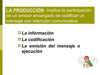 La información La codificación La emisión del mensaje o ejecución LA PRODUCCIÓN :  Implica la participación de un emisor encargado de codificar un mensaje con intención comunicativa 