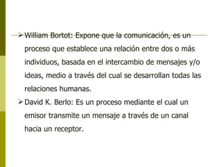 William Bortot: Expone que la comunicación, es un proceso que establece una relación entre dos o más individuos, basada en el intercambio de mensajes y/o ideas, medio a través del cual se desarrollan todas las relaciones humanas.  David K. Berlo: Es un proceso mediante el cual un emisor transmite un mensaje a través de un canal hacia un receptor.  