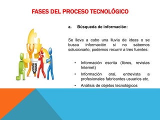 FASES DEL PROCESO TECNOLÓGICO
a. Búsqueda de información:
Se lleva a cabo una lluvia de ideas o se
busca información si no sabemos
solucionarlo, podemos recurrir a tres fuentes:
• Información escrita (libros, revistas
Internet)
• Información oral, entrevista a
profesionales fabricantes usuarios etc.
• Análisis de objetos tecnológicos
 