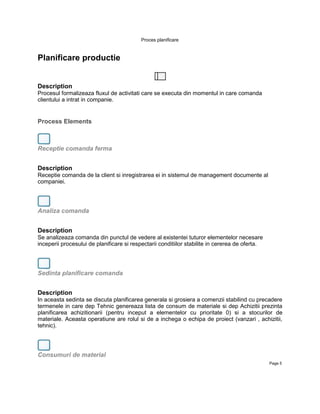 Proces planificare



Planificare productie


Description
Procesul formalizeaza fluxul de activitati care se executa din momentul in care comanda
clientului a intrat in companie.


Process Elements



Receptie comanda ferma


Description
Receptie comanda de la client si inregistrarea ei in sistemul de management documente al
companiei.




Analiza comanda


Description
Se analizeaza comanda din punctul de vedere al existentei tuturor elementelor necesare
inceperii procesului de planificare si respectarii conditiilor stabilite in cererea de oferta.




Sedinta planificare comanda


Description
In aceasta sedinta se discuta planificarea generala si grosiera a comenzii stabilind cu precadere
termenele in care dep Tehnic genereaza lista de consum de materiale si dep Achizitii prezinta
planificarea achizitionarii (pentru inceput a elementelor cu prioritate 0) si a stocurilor de
materiale. Aceasta operatiune are rolul si de a inchega o echipa de proiect (vanzari , achizitii,
tehnic).




Consumuri de material
                                                                                                 Page 5
 