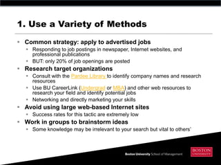 1. Use a Variety of Methods

 Common strategy: apply to advertised jobs
   Responding to job postings in newspaper, Internet websites, and
    professional publications
   BUT: only 20% of job openings are posted
 Research target organizations
   Consult with the Pardee Library to identify company names and research
    resources
   Use BU CareerLink (Undergrad or MBA) and other web resources to
    research your field and identify potential jobs
   Networking and directly marketing your skills
 Avoid using large web-based Internet sites
   Success rates for this tactic are extremely low
 Work in groups to brainstorm ideas
   Some knowledge may be irrelevant to your search but vital to others’
 