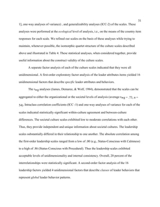 31
1], one-way analyses of variance) , and generalizability analyses (ICC-2) of the scales. These

analyses were performed at the ecological level of analysis, i.e., on the means of the country item

responses for each scale. We refined our scales on the basis of these analyses while trying to

maintain, whenever possible, the isomorphic quartet structure of the culture scales described

above and illustrated in Table 4. These statistical analyses, when considered together, provide

useful information about the construct validity of the culture scales.

       A separate factor analysis of each of the culture scales indicated that they were all

unidimensional. A first-order exploratory factor analysis of the leader attributes items yielded 16

unidimensional factors that describe specific leader attributes and behaviors.

       The rwg analyses (James, Demaree, & Wolf, 1984), demonstrated that the scales can be

aggregated to either the organizational or the societal levels of analysis (average rwg = .73, n =

54). Intraclass correlation coefficients (ICC -1) and one-way analyses of variance for each of the

scales indicated statistically significant within-culture agreement and between-culture

differences. The societal culture scales exhibited low to moderate correlations with each other.

Thus, they provide independent and unique information about societal cultures. The leadership

scales substantially differed in their relationship to one another. The absolute correlation among

the first-order leadership scales ranged from a low of .00 (e.g., Status-Conscious with Calmness)

to a high of .86 (Status-Conscious with Procedural). Thus the leadership scales exhibited

acceptable levels of unidimensionality and internal consistency. Overall, 20 percent of the

interrelationships were statistically significant. A second-order factor analysis of the 16

leadership factors yielded 4 unidimensional factors that describe classes of leader behaviors that

represent global leader behavior patterns.
 