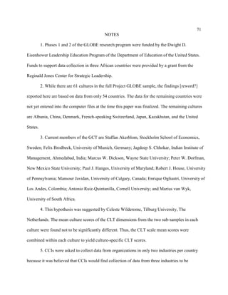 71
                                             NOTES

          1. Phases 1 and 2 of the GLOBE research program were funded by the Dwight D.

Eisenhower Leadership Education Program of the Department of Education of the United States.

Funds to support data collection in three African countries were provided by a grant from the

Reginald Jones Center for Strategic Leadership.

          2. While there are 61 cultures in the full Project GLOBE sample, the findings [reword?]

reported here are based on data from only 54 countries. The data for the remaining countries were

not yet entered into the computer files at the time this paper was finalized. The remaining cultures

are Albania, China, Denmark, French-speaking Switzerland, Japan, Kazakhstan, and the United

States.

          3. Current members of the GCT are Staffan Akerblom, Stockholm School of Economics,

Sweden; Felix Brodbeck, University of Munich, Germany; Jagdeep S. Chhokar, Indian Institute of

Management, Ahmedabad, India; Marcus W. Dickson, Wayne State University; Peter W. Dorfman,

New Mexico State University; Paul J. Hanges, University of Maryland; Robert J. House, University

of Pennsylvania; Mansour Javidan, University of Calgary, Canada; Enrique Ogliastri, University of

Los Andes, Colombia; Antonio Ruiz-Quintanilla, Cornell University; and Marius van Wyk,

University of South Africa.

          4. This hypothesis was suggested by Celeste Wilderome, Tilburg University, The

Netherlands. The mean culture scores of the CLT dimensions from the two sub-samples in each

culture were found not to be significantly different. Thus, the CLT scale mean scores were

combined within each culture to yield culture-specific CLT scores.

          5. CCIs were asked to collect data from organizations in only two industries per country

because it was believed that CCIs would find collection of data from three industries to be
 
