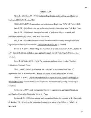 89

                                            REFERENCES

       Ajzen, L., & Fishbein, M. (1970). Understanding attitudes and predicting social behavior.

Englewood Cliffs, NJ: Prentice-Hall.

       Aldrich, H. E. (1979). Organizations and environments. Englewood Cliffs, NJ: Prentice-Hall.

       Bass, B. M. (1985). Leadership and performance beyond expectations. New York: Free Press.

       Bass, B. M. (1990). Bass & Stogdill’s handbook of leadership: Theory, research, and

managerial applications (3rd ed.). New York: Free Press.

       Bass, B. M. (1997). Does the transactional-transformational leadership paradigm transcend

organizational and national boundaries? American Psychologist, 52(2), 130-139.

       Brislin, R. W. (1986). The wording and translation of research instruments. In W. J. Lohner &

J. W. Berry (Eds.), Field methods in cross-cultural research. Beverly Hills: Sage Publications. (pp.

137-164).

       Burns, T., & Stalker, G. M. (1961). The management of innovation. London: Tavistock

Publications, Tavistock Centre.

       Child, J. (1981). Culture, contingency, and capitalism in the cross-national study of

organization. In L. L. Cummings (Ed.), Research in organizational behavior (pp. 303-356).

       Dickson, M. (1997). Universality and variation in organizationally cognitive prototypes of

effective leadership. Unpublished doctoral dissertation, Department of Psychology, University of

Maryland.

       Donaldson, L. (1993). Anti-management theories of organization: A critique of paradigm

proliferation. Cambridge: Cambridge University Press.

       Dorfman, P. W. (1996). International and cross-cultural leadership research. In B. J. Punnett &

O. Shenkar (Eds.), Handbook for international management research (pp. 267-349). Oxford, UK:

Blackwell,

                                                                                                       89
 