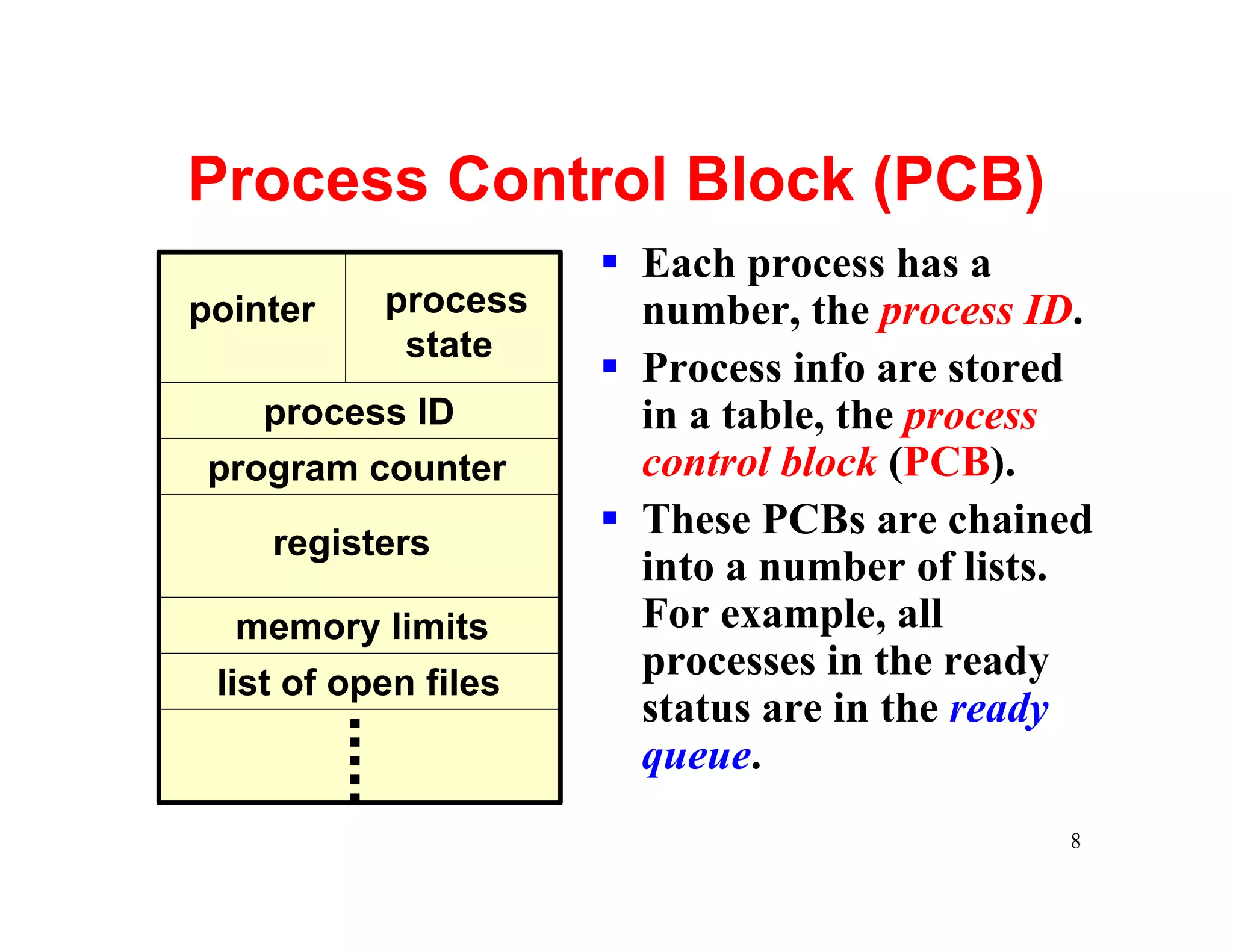 Process Control Block (PCB)
                      § Each process has a
pointer    process      number, the process ID.
            state
                      § Process info are stored
    process ID          in a table, the process
 program counter        control block (PCB).
                      § These PCBs are chained
    registers
                        into a number of lists.
   memory limits        For example, all
 list of open files
                        processes in the ready
                        status are in the ready
                        queue.
                                             8
 