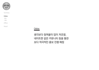 Summary
Online
-홍보
-현황

Offline
Result

Online

생각보다 참여율이 많이 저조함.
네이트판 같은 커뮤니티 등을 통한
보다 적극적인 홍보 진행 예정

 