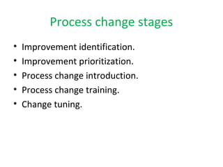 Process change stages 
• Improvement identification. 
• Improvement prioritization. 
• Process change introduction. 
• Process change training. 
• Change tuning. 
