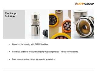 The Lapp
Solution
• Powering the industry with OLFLEX cables.
• Chemical and Heat resistant cables for high temperature / robust environments.
• Data communication cables for superior automation.
 