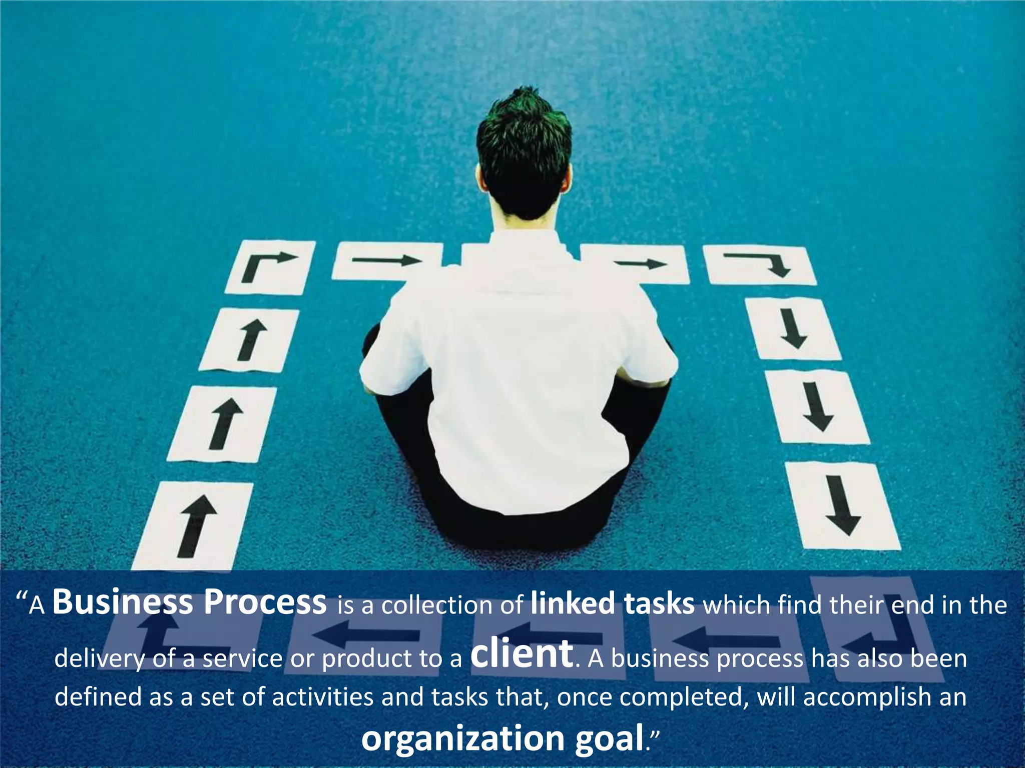 “A Business Process is a collection of linked tasks which find their end in the
delivery of a service or product to a client. A business process has also been
defined as a set of activities and tasks that, once completed, will accomplish an
organization goal.”
 
