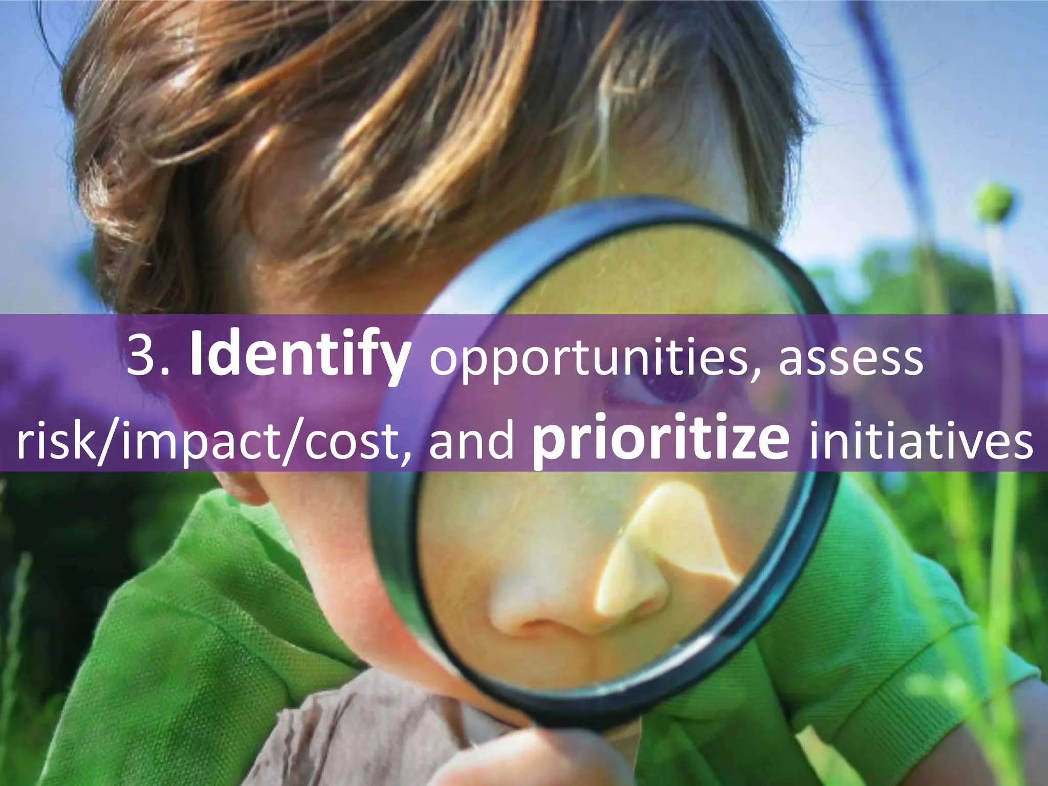 3. Identify opportunities, assess
risk/impact/cost, and prioritize initiatives
 