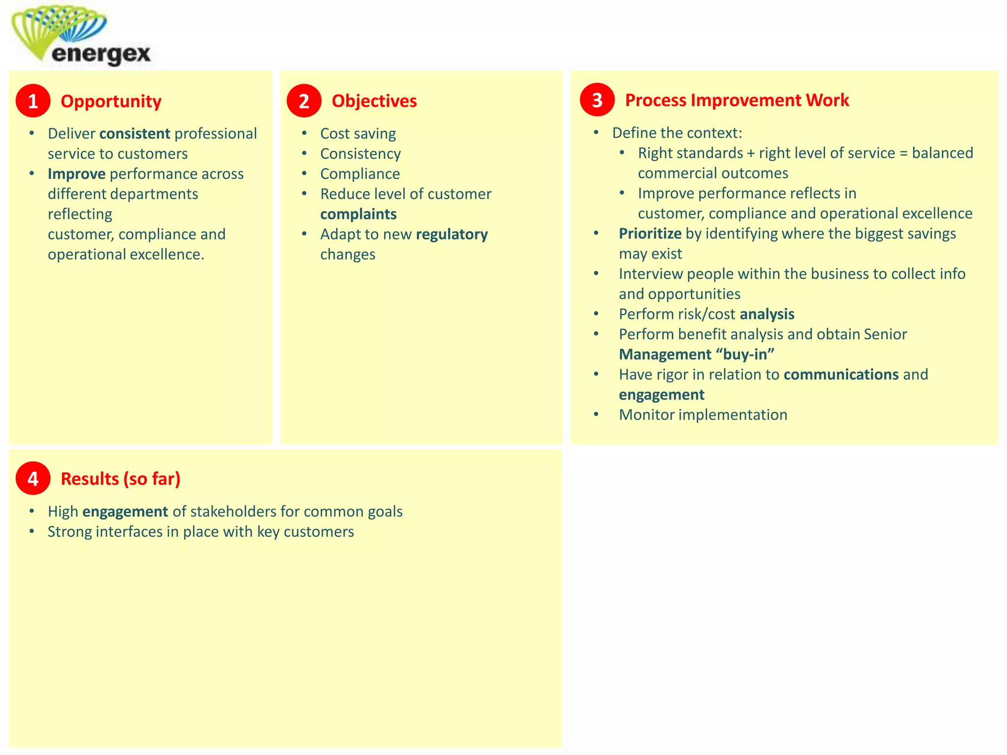 1 Opportunity
• Deliver consistent professional
service to customers
• Improve performance across
different departments
reflecting
customer, compliance and
operational excellence.
2 Objectives
• Cost saving
• Consistency
• Compliance
• Reduce level of customer
complaints
• Adapt to new regulatory
changes
3 Process Improvement Work
• Define the context:
• Right standards + right level of service = balanced
commercial outcomes
• Improve performance reflects in
customer, compliance and operational excellence
• Prioritize by identifying where the biggest savings
may exist
• Interview people within the business to collect info
and opportunities
• Perform risk/cost analysis
• Perform benefit analysis and obtain Senior
Management “buy-in”
• Have rigor in relation to communications and
engagement
• Monitor implementation
4 Results (so far)
• High engagement of stakeholders for common goals
• Strong interfaces in place with key customers
 