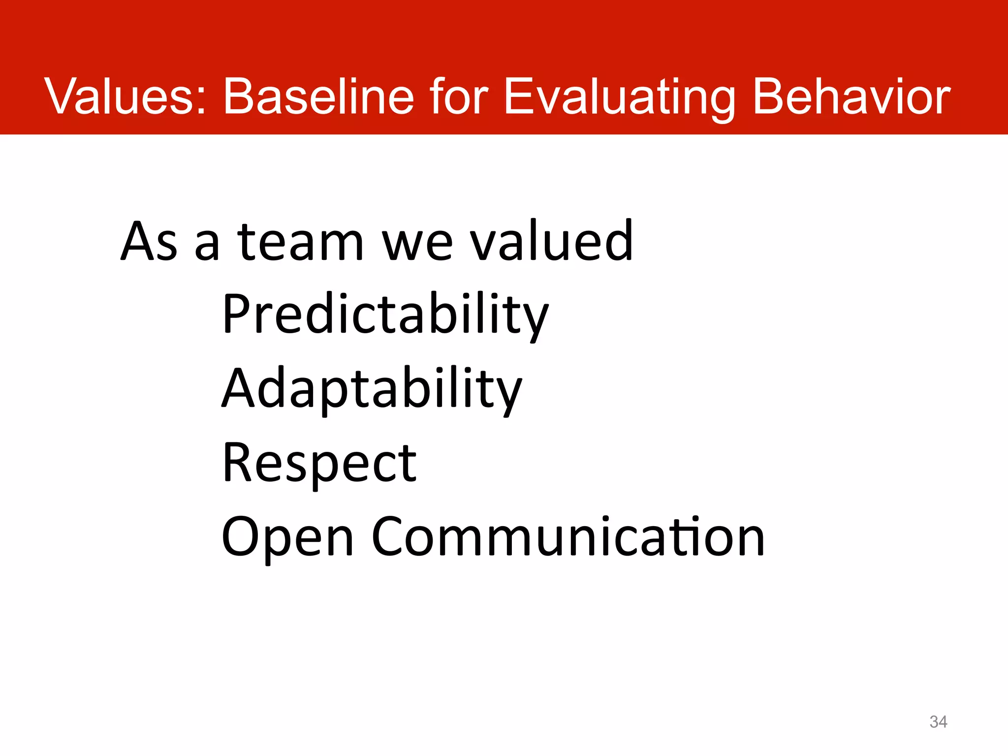 Values: Baseline for Evaluating Behavior

   As	
  a	
  team	
  we	
  valued	
  
         	
  Predictability	
  
         	
  Adaptability	
  
         	
  Respect	
  
         	
  Open	
  CommunicaAon	
  

                                         34
 