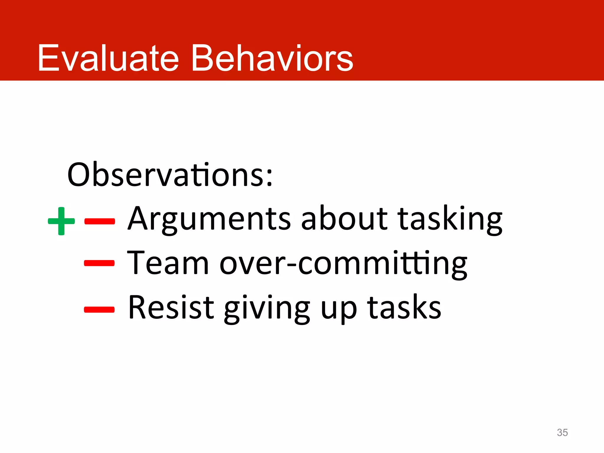 Evaluate Behaviors


 ObservaAons:	
  
+ –	
  
 	
   	
  Arguments	
  about	
  tasking	
  
  –	
  
      	
  Team	
  over-­‐commiang	
  
  –	
  
      	
  Resist	
  giving	
  up	
  tasks	
  


                                                35
 
