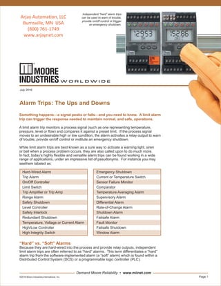 Demand Moore Reliability
July 2016
Independent “hard” alarm trips
can be used to warn of trouble,
provide on/o control or trigger
an emergency shutdown.
 