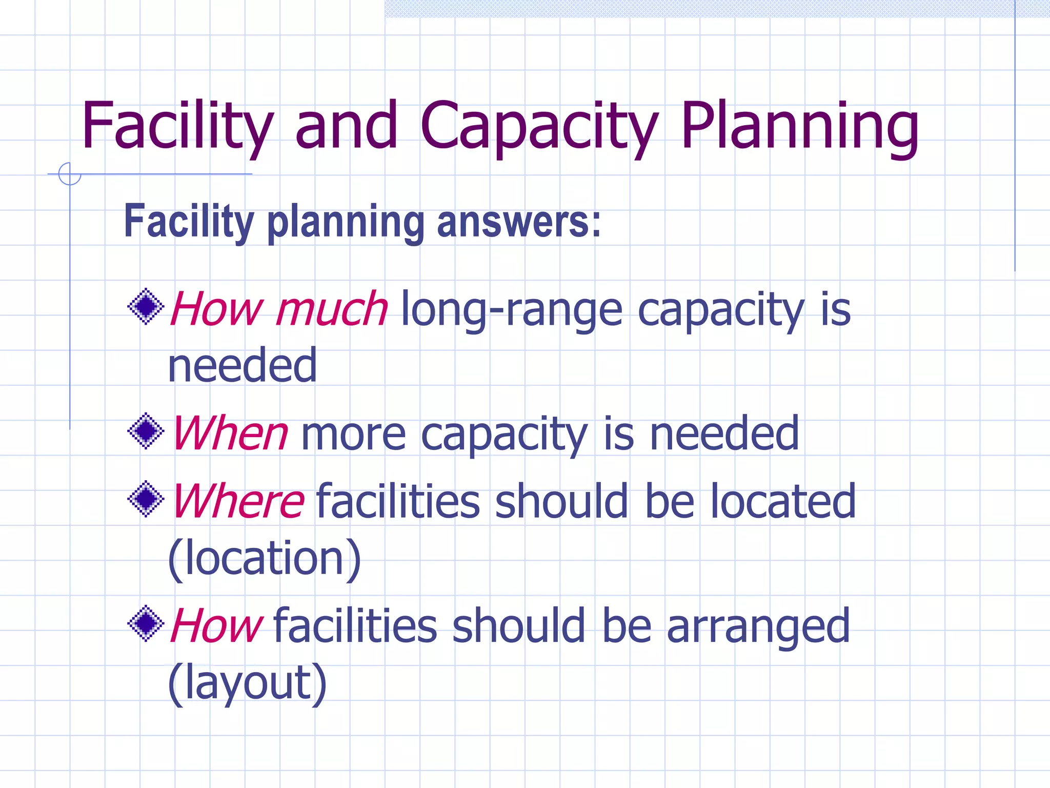 How much   long-range capacity is needed When   more capacity is needed Where   facilities should be located (location) How  facilities should be arranged (layout) Facility and Capacity Planning Facility planning answers: 