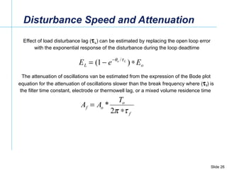 Disturbance Speed and Attenuation Effect of load disturbance lag (  L ) can be estimated by replacing the open loop error with the exponential response of the disturbance during the loop deadtime  The attenuation of oscillations van be estimated from the expression of the Bode plot  equation for the attenuation of oscillations slower than the break frequency where (  f ) is  the filter time constant, electrode or thermowell lag, or a mixed volume residence time  