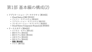 第1部 基本編の構成(2)
&bull; アプリケーション・アーキテクチャ [第34回]
&bull; Cloud Native CBD [第35回]
&bull; ドメイン・サブシステム [第36回]
&bull; アプリケーション・サブシステム [第37回]
&bull; プレゼンテーション・サブシステム [第38回]
&bull; Cloud Native Component Framework [第39回]
&bull; ケーススタディ[第40回]
&bull; ビジネス・モデル [第41回]
&bull; 要求モデル [第42回]
&bull; 要求モデル/BDD [第43回]
&bull; 分析モデル [第44回]
&bull; 設計モデル [第45回]
&bull; 実装 [第46回]
&bull; テスト [第47回]
 