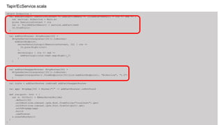 object EcService {
val addCartLogic: ExecutionContext => AddCartCommand => IO[AddCartResult] = ctx => cmd => {
val service: EcService = Main.ec
given ExecutionContext = ctx
val r: Try[AddCartResult] = service.addCart(cmd)
IO.fromTry(r)
}
val addCartRoutes: HttpRoutes[IO] =
Http4sServerInterpreter[IO]().toRoutes(
addCartEndpoint.
serverSecurityLogic[ExecutionContext, IO] { ctx =>
IO.pure(Right(ctx))
}.
serverLogic { ctx => cmd =>
addCartLogic(ctx)(cmd).map(Right(_))
}
)
val addCartSwaggerRoutes: HttpRoutes[IO] =
Http4sServerInterpreter[IO]().toRoutes(
SwaggerInterpreter().fromEndpoints[IO](List(addCartEndpoint), "EcService", "1.0")
)
val route = addCartRoutes combineK addCartSwaggerRoutes
val app: HttpApp[IO] = Router("/" -> addCartRoutes).orNotFound
def run(port: Int) = {
val s: IO[Unit] = EmberServerBuilder
.default[IO]
.withHost(com.comcast.ip4s.Host.fromString("localhost").get)
.withPort(com.comcast.ip4s.Port.fromInt(port).get)
.withHttpApp(app)
.build
.useForever
s.unsafeRunSync()
}
}
Tapir/EcService.scala
 