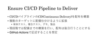 Ensure CI/CD Pipeline to Deliver
&bull; CI/CDパイプラインのCD(Continuous Delivery)を配布を構築
&bull; 複数のターゲットに配備仕分けるように拡張
&bull; 単体テスト、複合テスト、デモ、製品
&bull; 現段階では配備までの構築を行い、配布は後日行うことにする
&bull; GitHub Actionsで記述することを想定
 
