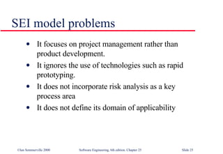 It focuses on project management rather than  product development.  It ignores the use of technologies such as rapid  prototyping. It does not incorporate risk analysis as a key  process area It does not define its domain of applicability SEI model problems 