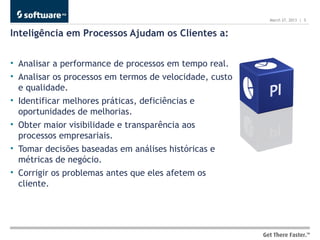 March 27, 2013 | 5


Inteligência em Processos Ajudam os Clientes a:


• Analisar a performance de processos em tempo real.
• Analisar os processos em termos de velocidade, custo
  e qualidade.
• Identificar melhores práticas, deficiências e
  oportunidades de melhorias.
• Obter maior visibilidade e transparência aos
  processos empresariais.
• Tomar decisões baseadas em análises históricas e
  métricas de negócio.
• Corrigir os problemas antes que eles afetem os
  cliente.
 