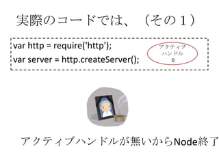 実際のコードでは、（その１）
var http = require('http');         アクティブ
                                     ハンドル
var server = http.createServer();      0




 アクティブハンドルが無いからNode終了
 