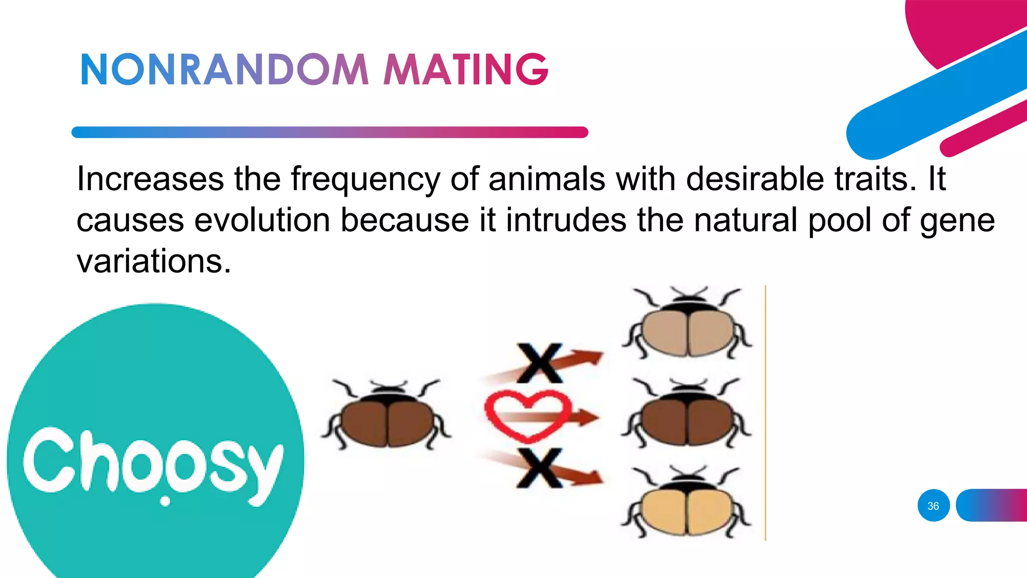 36
Increases the frequency of animals with desirable traits. It
causes evolution because it intrudes the natural pool of gene
variations.
 