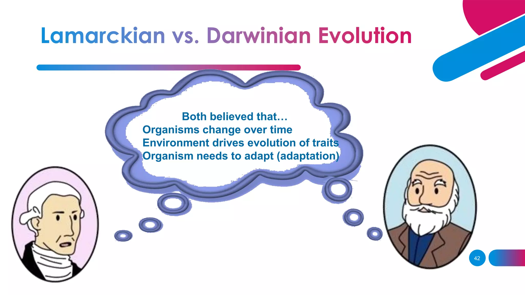 42
Both believed that…
Organisms change over time
Environment drives evolution of traits
Organism needs to adapt (adaptation)
 